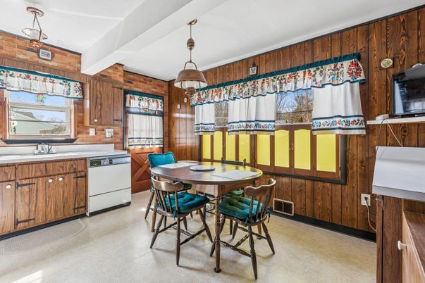 Dining room, Interior, Kitchen, Pendant Lights, Wooden Walls