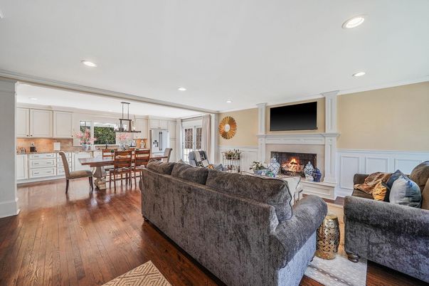 Dining room, Fireplace, Interior, Kitchen, Living room, Pendant Lights, Recessed Lighting, Wood Texture Flooring