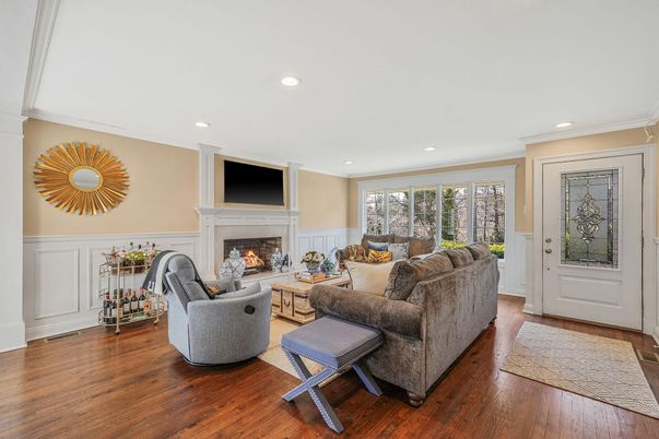 Fireplace, Interior, Living room, Recessed Lighting, Wood Texture Flooring