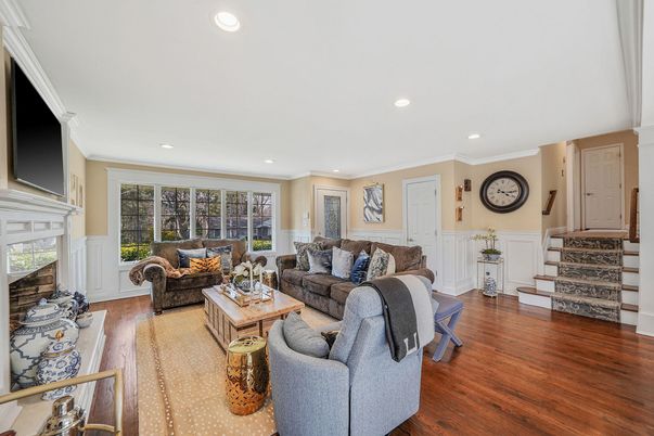 Fireplace, Interior, Living room, Recessed Lighting, Wood Texture Flooring