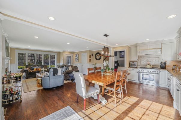 Dining room, Fireplace, Interior, Kitchen, Living room, Pendant Lights, Recessed Lighting, Wood Texture Flooring