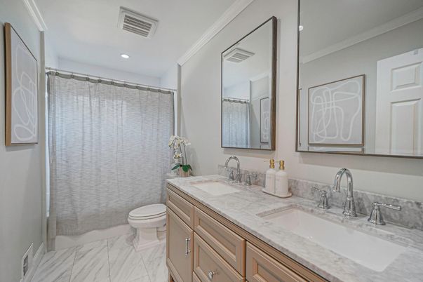 Bathroom, Dual Sink Vanities, Interior, Marble, Recessed Lighting