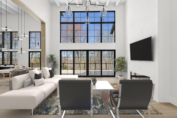 Chandelier, Dining room, Fireplace, Interior, Living room, Pendant Lights, Wood Texture Flooring