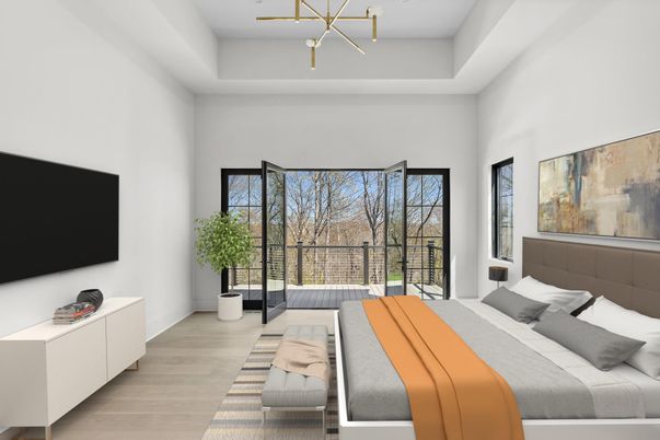 Bedroom, Interior, Pendant Lights, Wood Texture Flooring