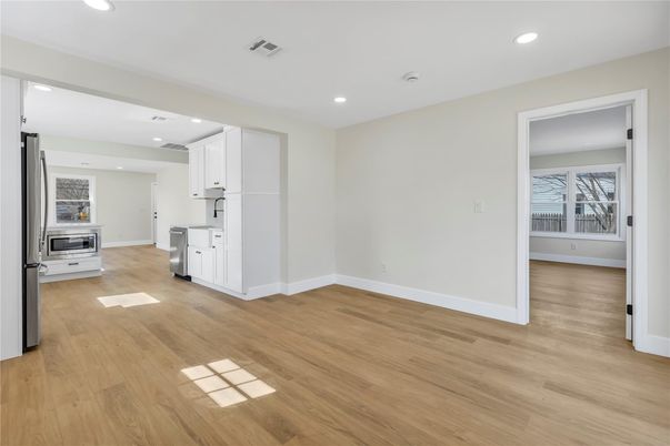 Empty room, Interior, Kitchen, Recessed Lighting, Wood Texture Flooring