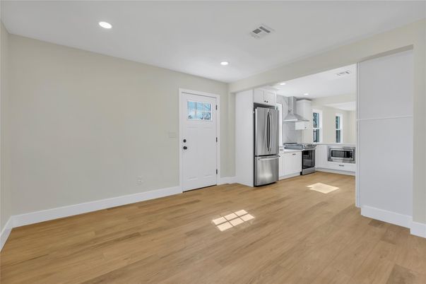 Interior, Kitchen, Recessed Lighting, Stainless Steel Appliances, Wood Texture Flooring