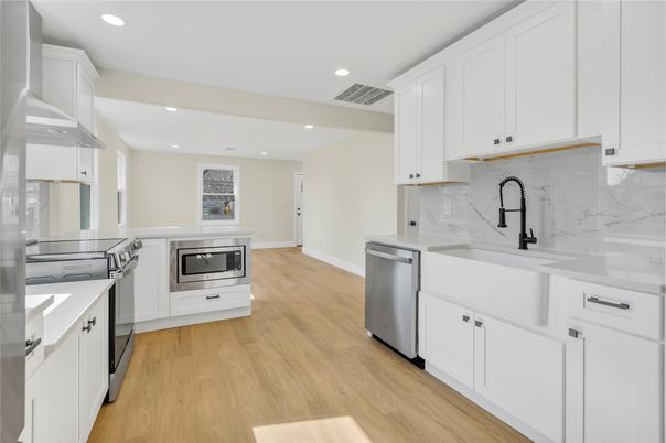 Interior, Kitchen, Recessed Lighting, Stainless Steel Appliances, Wood Texture Flooring