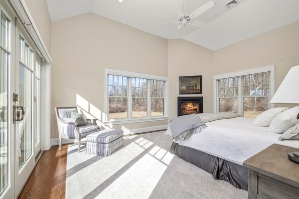 Bedroom, Fireplace, Interior, Recessed Lighting, Wood Texture Flooring