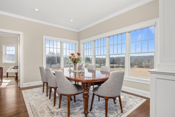 Dining room, Interior, Recessed Lighting, Wood Texture Flooring