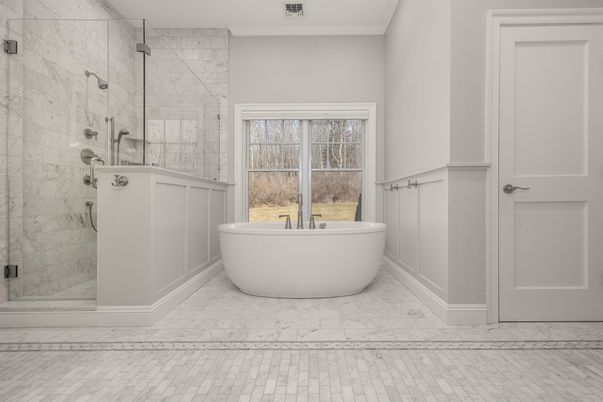 Bathroom, Free Standing Baths, Glass Shower, Interior, Marble, Marble Walls