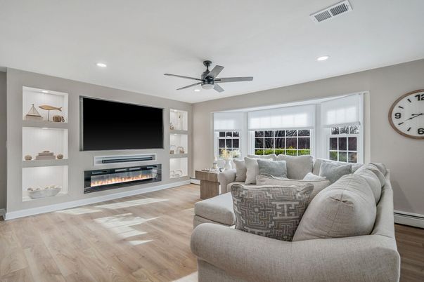 Fireplace, Interior, Living room, Recessed Lighting, Wood Texture Flooring