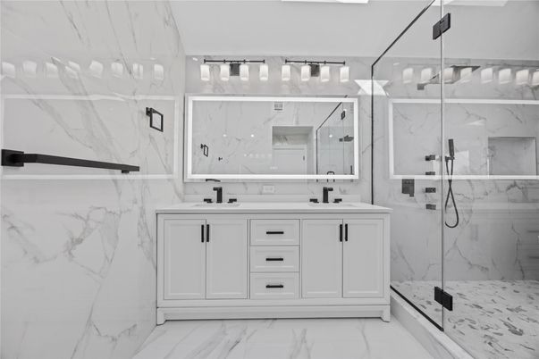 Bathroom, Dual Sink Vanities, Glass Shower, Interior, Marble, Marble Walls