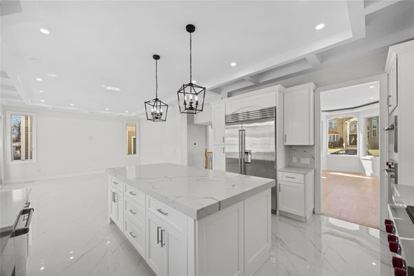 Interior, Kitchen, Marble, Pendant Lights, Recessed Lighting, Stainless Steel Appliances