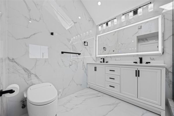Bathroom, Dual Sink Vanities, Interior, Marble, Marble Walls