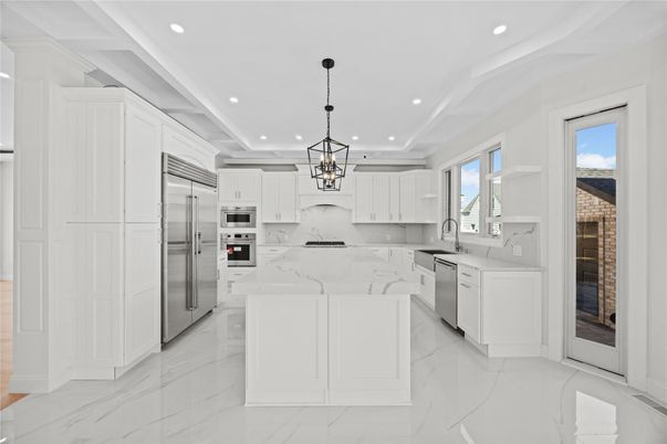 Interior, Kitchen, Marble, Pendant Lights, Recessed Lighting, Stainless Steel Appliances