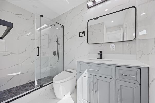 Bathroom, Glass Shower, Interior, Marble, Marble Walls, Recessed Lighting