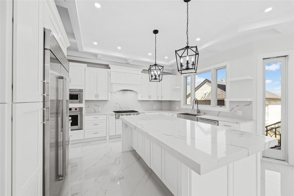 Interior, Kitchen, Marble, Pendant Lights, Recessed Lighting, Stainless Steel Appliances