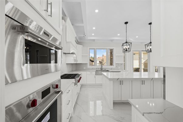 Interior, Kitchen, Marble, Pendant Lights, Recessed Lighting, Stainless Steel Appliances