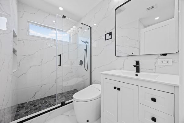 Bathroom, Glass Shower, Interior, Marble, Marble Walls, Recessed Lighting