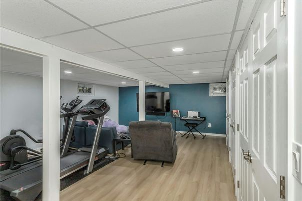 Fitness Equipment, Home Office, Interior, Recessed Lighting, Wood Texture Flooring