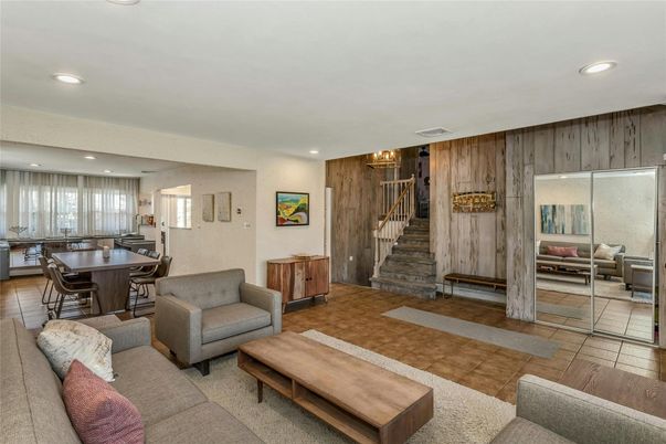Dining room, Interior, Living room, Recessed Lighting, Wooden Walls