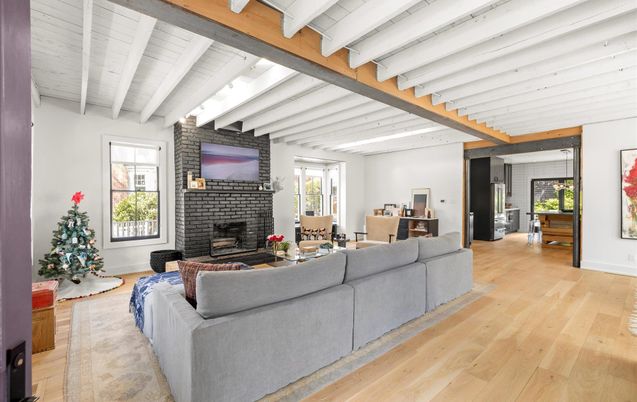 Fireplace, Interior, Living room, Stone Walls, Wooden Beams, Wood Texture Flooring