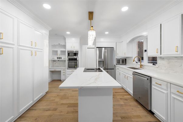 Interior, Kitchen, Pendant Lights, Recessed Lighting, Stainless Steel Appliances, Wood Texture Flooring