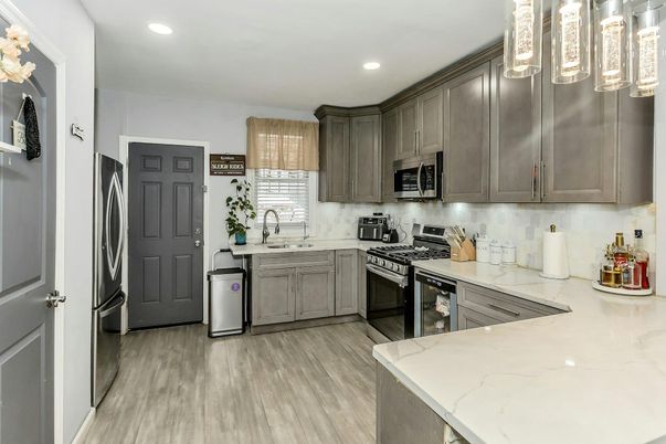 Interior, Kitchen, Recessed Lighting, Stainless Steel Appliances, Wood Texture Flooring