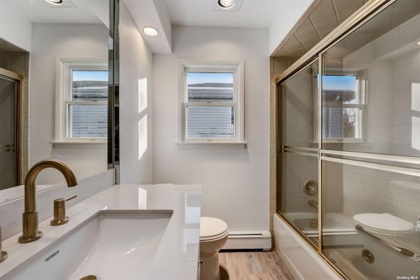 Bathroom, Glass Shower, Interior, Recessed Lighting, Wood Texture Flooring