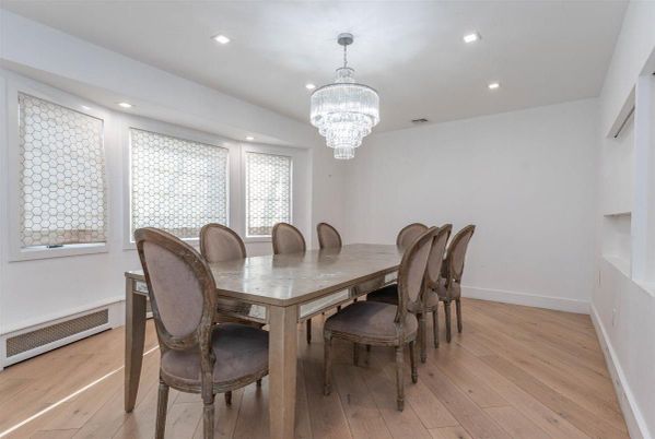 Chandelier, Dining room, Interior, Recessed Lighting, Wood Texture Flooring