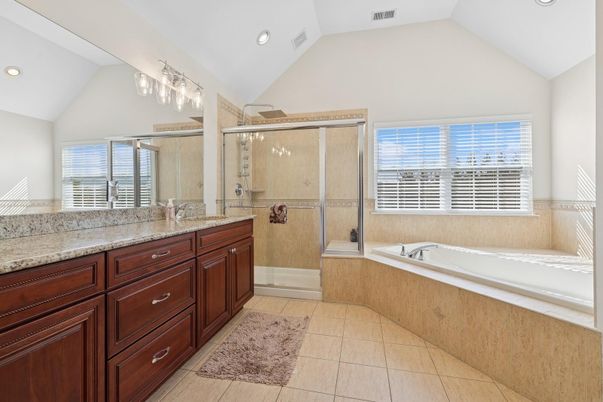 Bathroom, Dual Sink Vanities, Glass Shower, Interior, Recessed Lighting
