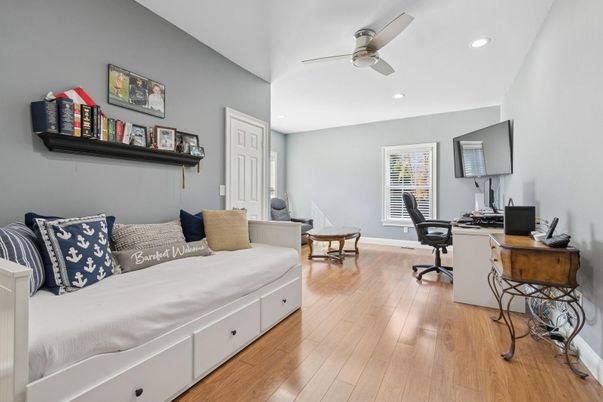 Bedroom, Home Office, Interior, Recessed Lighting, Wood Texture Flooring