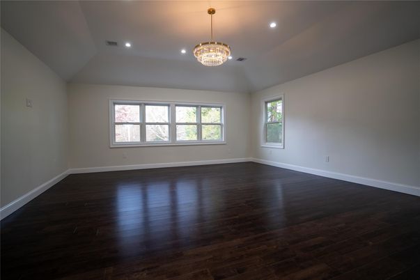 Chandelier, Empty room, Interior, Recessed Lighting, Wood Texture Flooring