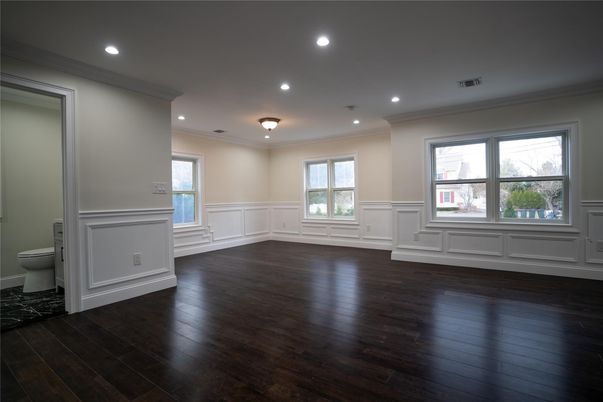 Bathroom, Empty room, Interior, Recessed Lighting, Wood Texture Flooring