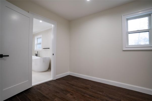 Bathroom, Empty room, Free Standing Baths, Interior, Recessed Lighting, Wood Texture Flooring