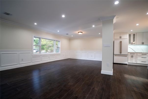 Empty room, Interior, Kitchen, Recessed Lighting, Wood Texture Flooring