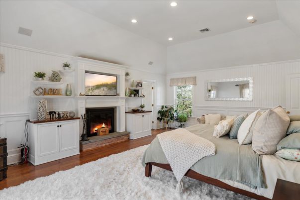 Bedroom, Fireplace, Interior, Recessed Lighting, Wood Texture Flooring