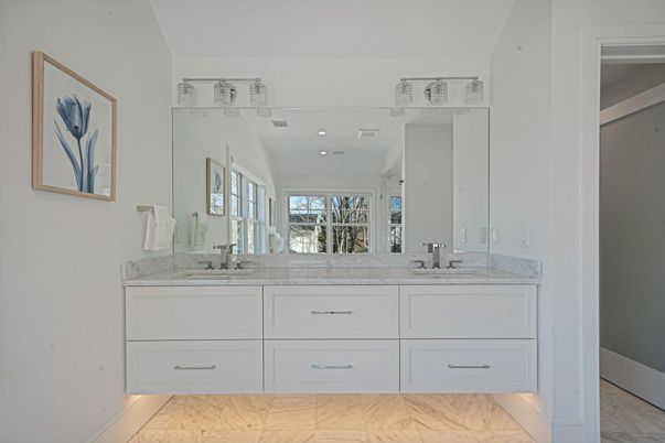 Bathroom, Dual Sink Vanities, Interior, Marble, Recessed Lighting