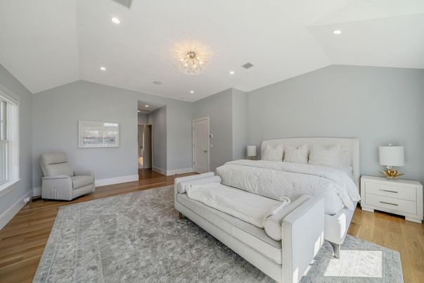 Bedroom, Chandelier, Interior, Recessed Lighting, Wood Texture Flooring