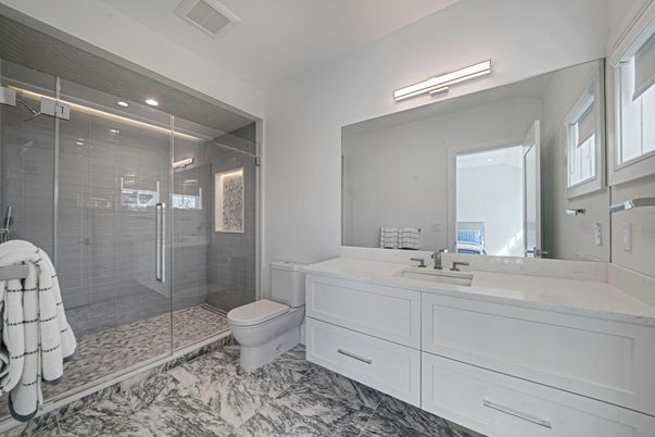 Bathroom, Glass Shower, Interior, Marble, Recessed Lighting