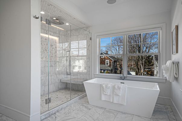Bathroom, Free Standing Baths, Glass Shower, Interior, Marble, Marble Walls, Recessed Lighting