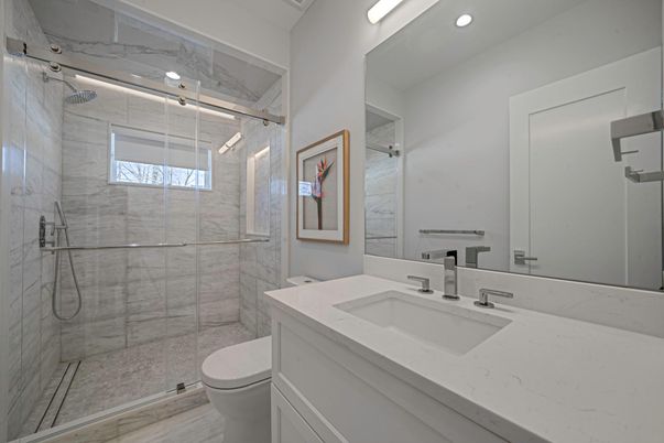Bathroom, Glass Shower, Interior, Marble Walls, Recessed Lighting
