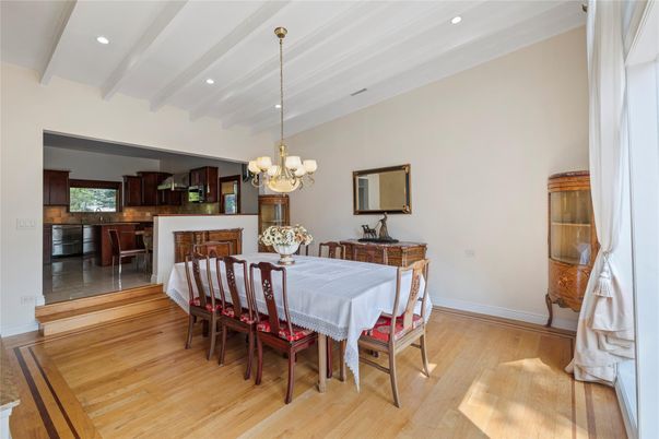 Chandelier, Dining room, Interior, Recessed Lighting, Wood Texture Flooring