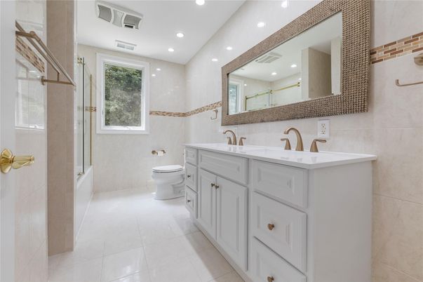 Bathroom, Dual Sink Vanities, Glass Shower, Interior, Recessed Lighting