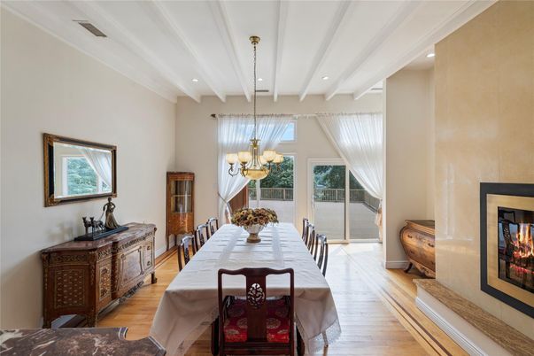 Chandelier, Dining room, Fireplace, Interior, Recessed Lighting, Wood Texture Flooring