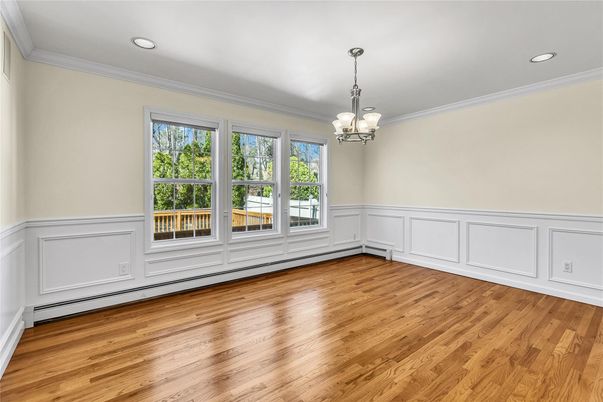 Empty room, Interior, Pendant Lights, Recessed Lighting, Wood Texture Flooring