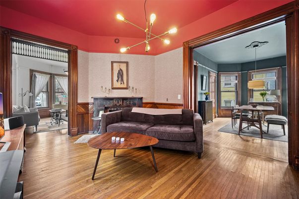 Dining room, Fireplace, Interior, Living room, Pendant Lights, Wood Texture Flooring