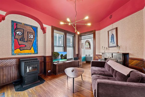 Fireplace, Interior, Living room, Pendant Lights, Wood Texture Flooring