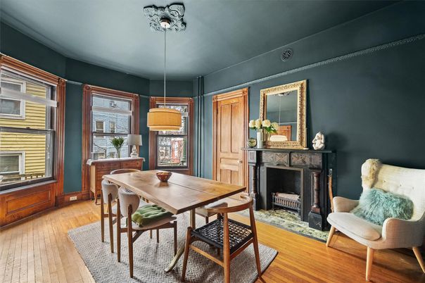 Dining room, Fireplace, Interior, Pendant Lights, Wood Texture Flooring
