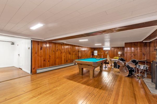Billiard Table, Fireplace, Game Room, Interior, Recessed Lighting, Wood Texture Flooring, Wooden Walls